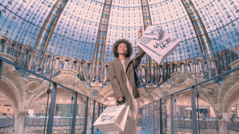 Donna con sacchetti di shopping Galeries Lafayette cammina sulla passerella panoramica sotto la celebre cupola Art Nouveau di Parigi.
