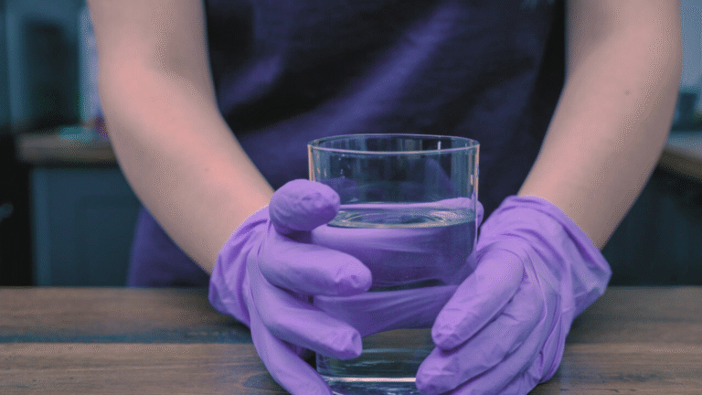 Primo piano di una persona con guanti viola che tiene un bicchiere d’acqua su un tavolo di legno.
