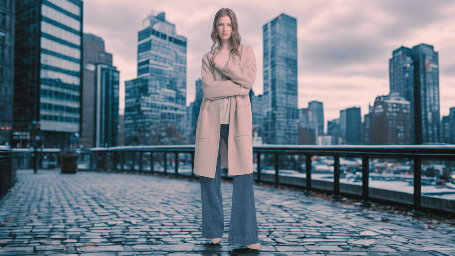 Donna in piedi con cappotto beige elegante, su sfondo urbano con grattacieli e cielo nuvoloso.