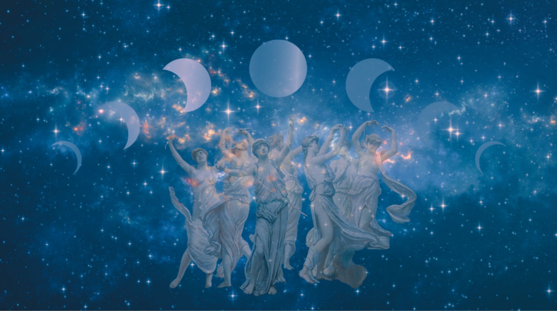**ALT text:** Statue danzanti di dee greche immerse in un cielo stellato con le fasi lunari sovrapposte sullo sfondo.