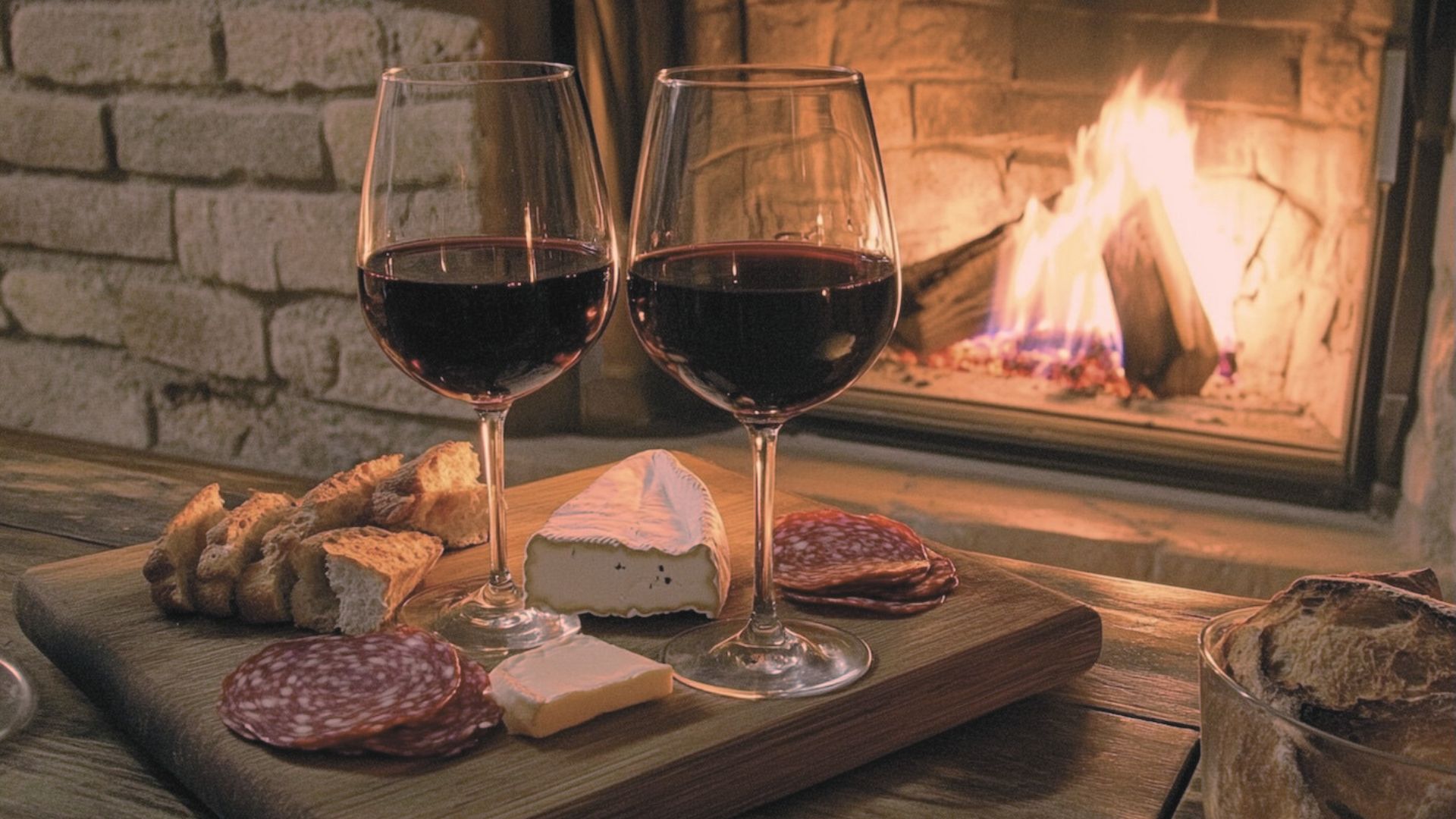 Tagliere rustico con pane, salumi e formaggi accanto a due calici di vino rosso, disposto su un tavolo di legno davanti a un camino acceso.