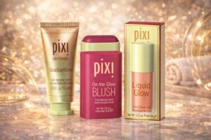 Prodotti Pixi GradualGlow, On-the-Glow Blush e Liquid Glow su fondo dorato luminoso