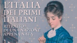Locandina mostra L’Italia dei primi Italiani con ritratto femminile e titolo su fondo decorato