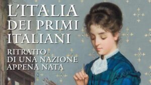 Locandina mostra L’Italia dei primi Italiani con ritratto femminile e titolo su fondo decorato
