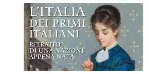 Locandina mostra L’Italia dei primi Italiani con ritratto femminile e titolo su fondo decorato