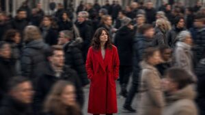 Donna con cappotto rosso immobile al centro di una folla in movimento.