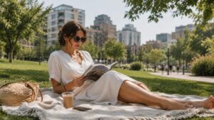 Donna seduta su una coperta in un parco urbano mentre legge una rivista, con abito bianco e occhiali da sole, circondata dal verde e da edifici sullo sfondo.