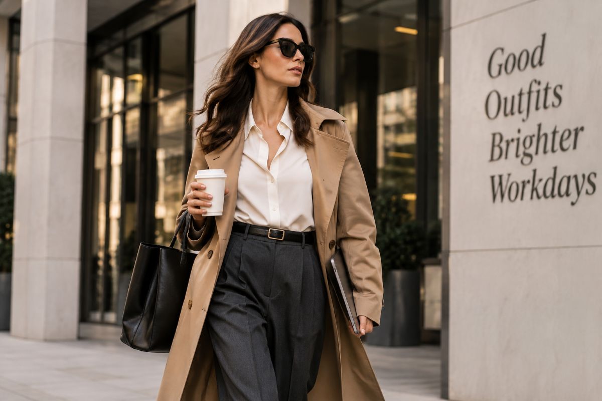 Donna con look da ufficio elegante e contemporaneo, trench beige, camicia bianca e pantaloni sartoriali grigi, mentre cammina con caffè e borsa nera davanti a un edificio moderno.