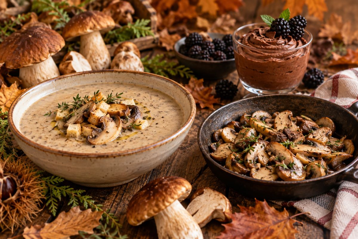 Vellutata di funghi con crostini, porcini trifolati e mousse al cioccolato con more, disposti su una tavola autunnale con funghi freschi e foglie secche.
