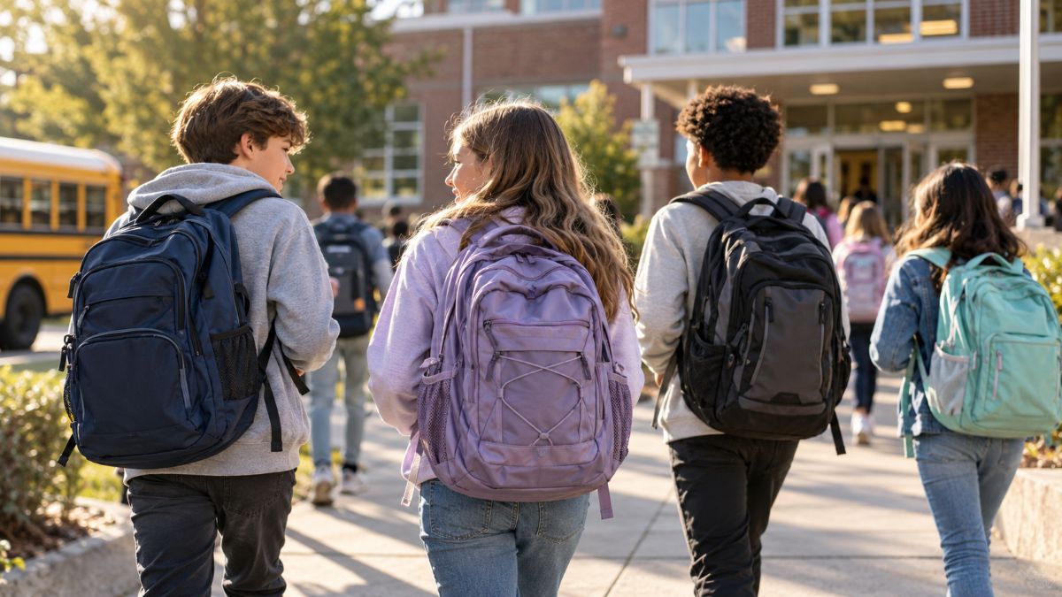 gruppo di bambini con zaini in spalla mentre camminano verso l’ingresso della scuola, illuminati dalla luce calda del mattino.