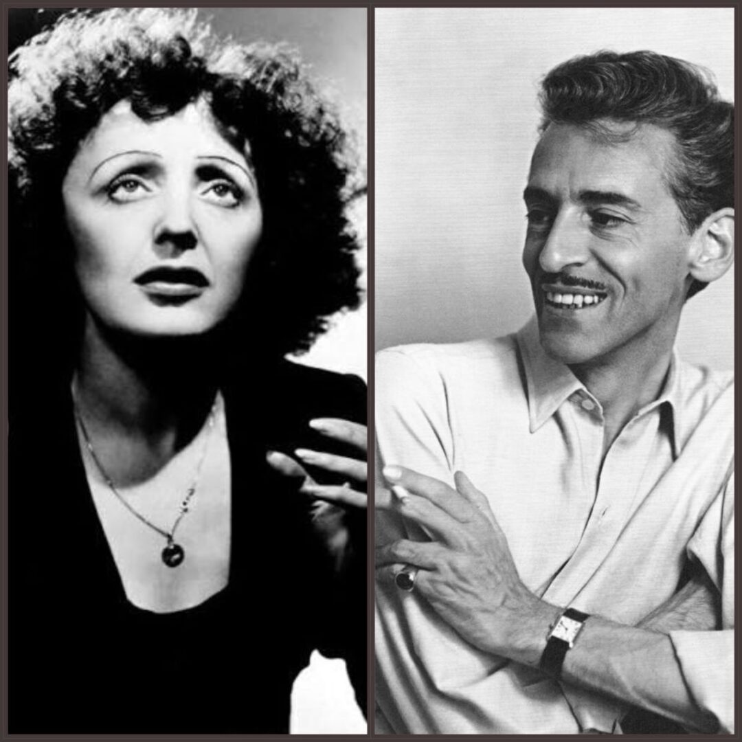 Fotografie in bianco e nero affiancate di Édith Piaf, con capelli ricci e abito nero, e dello stilista Robert Piguet, sorridente con le braccia incrociate