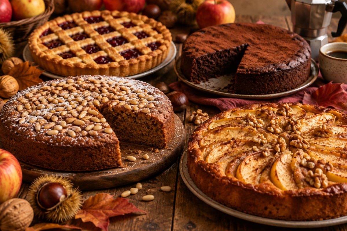 Quattro torte autunnali fatte in casa: torta di castagne e pinoli, crostata alla marmellata, torta di mele e noci e torta al cioccolato, su una tavola rustica decorata con frutta e foglie autunnali.