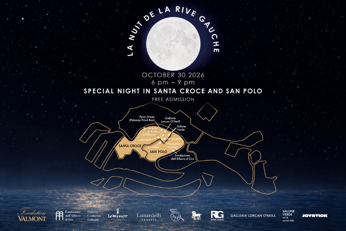 Locandina della Nuit de la Rive Gauche 2026 a Venezia, in programma il 30 ottobre nei sestieri di Santa Croce e San Polo, con mappa degli spazi espositivi e ingresso gratuito.