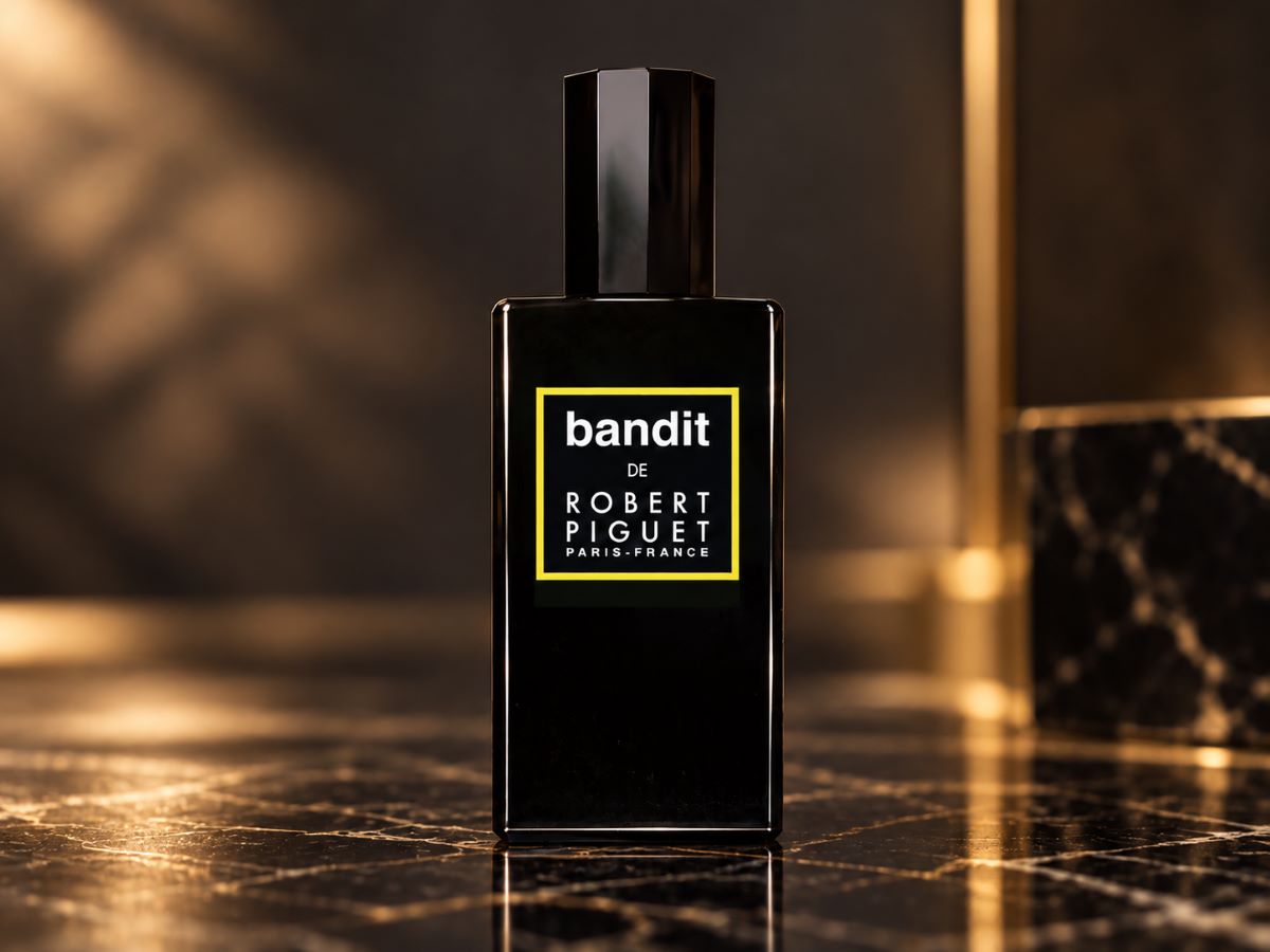 Flacone nero del profumo Bandit di Robert Piguet, con etichetta bordata di giallo, appoggiato su una superficie in marmo scuro, illuminata da riflessi dorati.