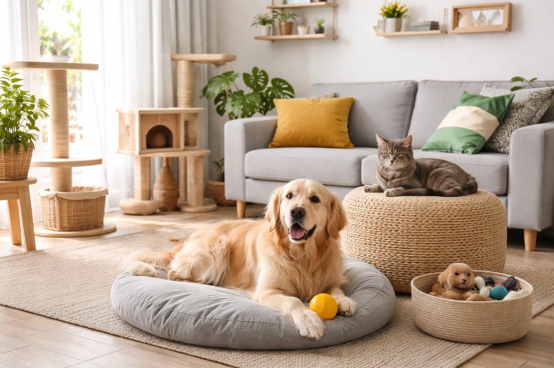 Cane Golden Retriever e gatto in un soggiorno luminoso arredato con cucce, tiragraffi e spazi dedicati agli animali domestici.
